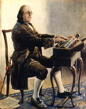 Benjamin Franklin en zijn glasharmonica.